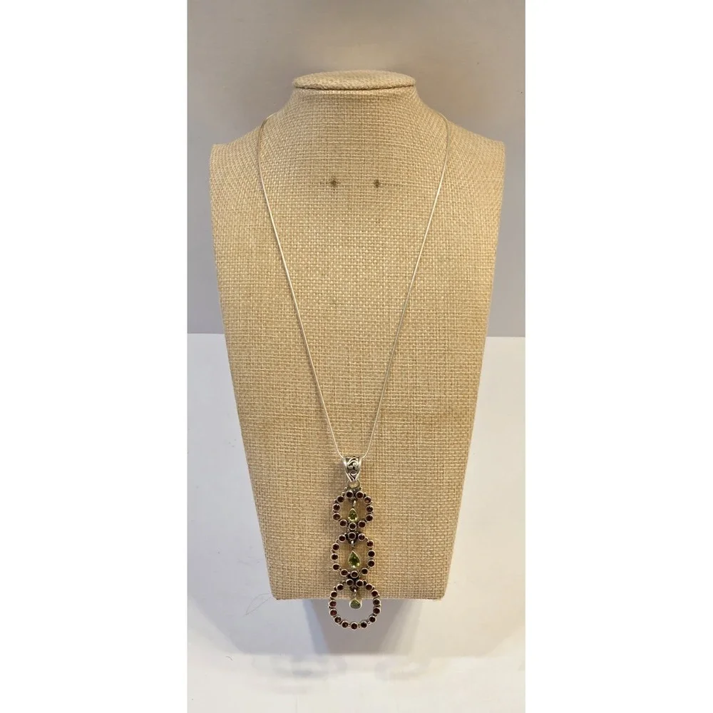 Large Sterling Silver Garnet & Peridot Triple Hoop Pendant Necklace 18